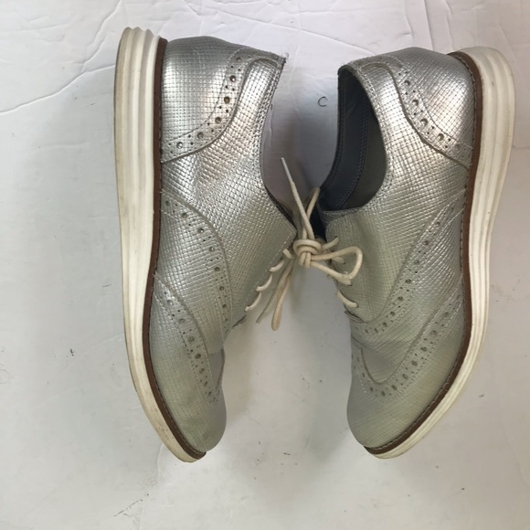 Cole Haan Original Grand Wingtip Oxford Shoes Leather Silver Gray Metallic Comfy - Picture 6 of 14